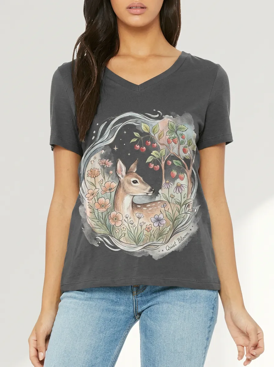 Women's Nature Lover Deer Strawberry Floral Printed V-neck T-shirt