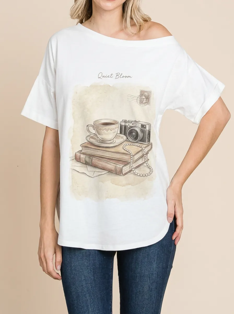 Women's Vintage Aesthetic Coffee Camera Books Printed T-shirt