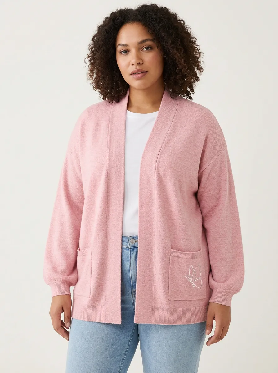 Pink Butterfly Minimalist Embroidered Cardigan