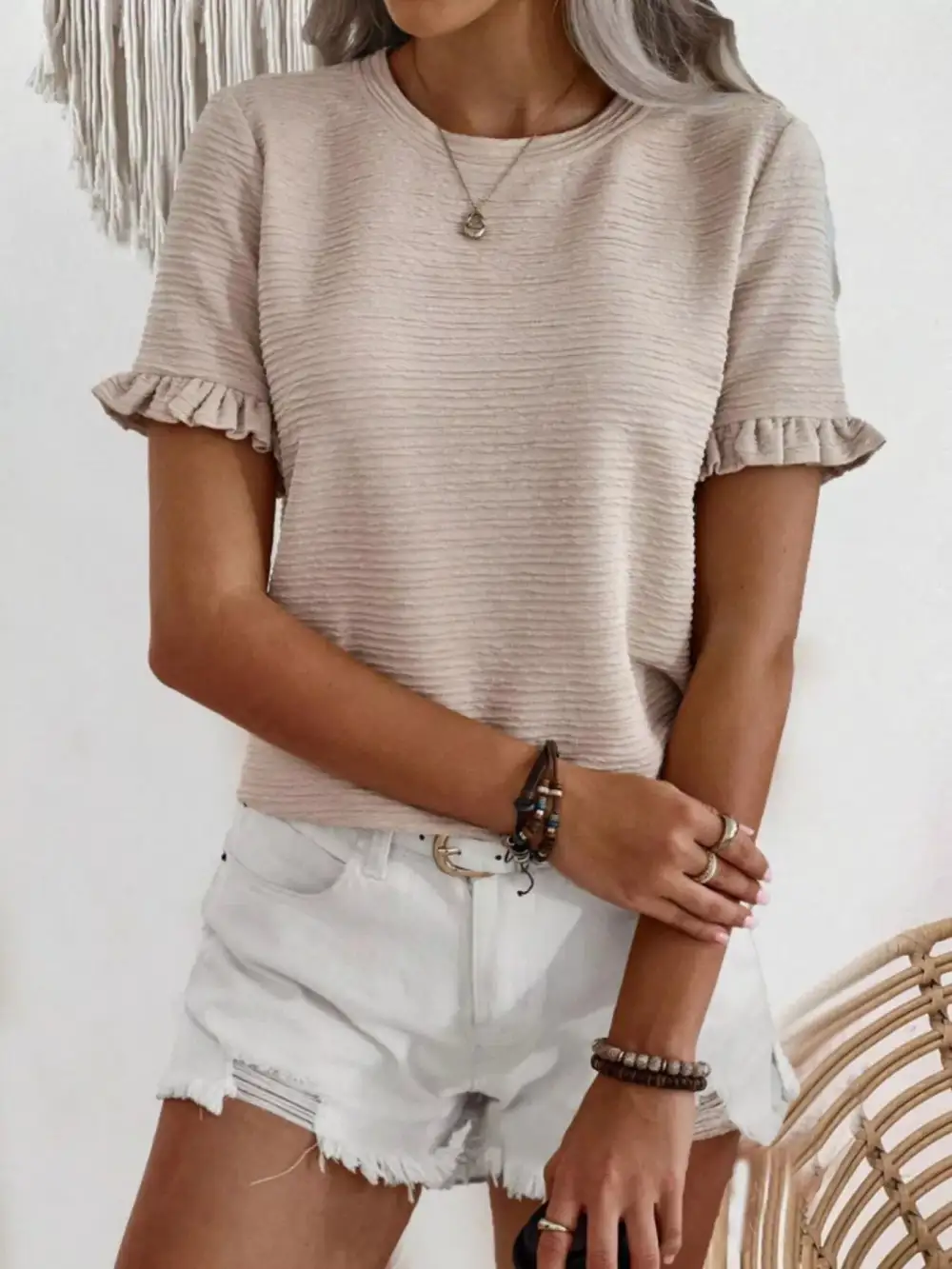 Textured Ruffle Sleeve Round Neck Blouse