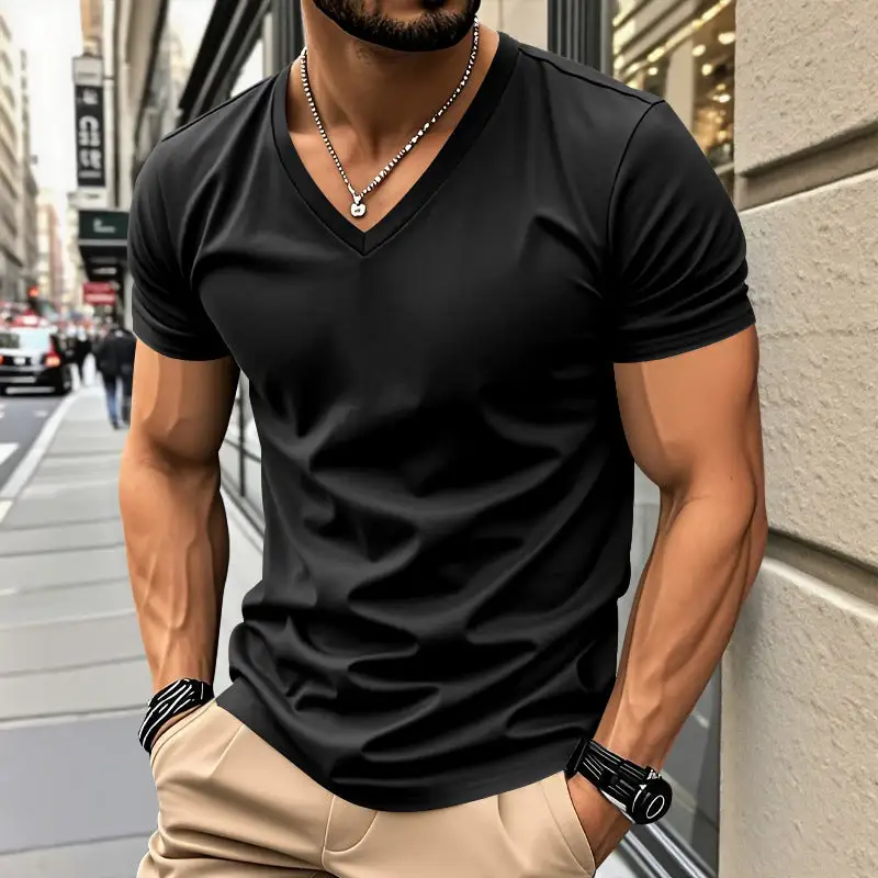 Men's Classic V-Neck T-Shirt Fine Cotton Jersey With Reinforced Neckband And Double Stitching
