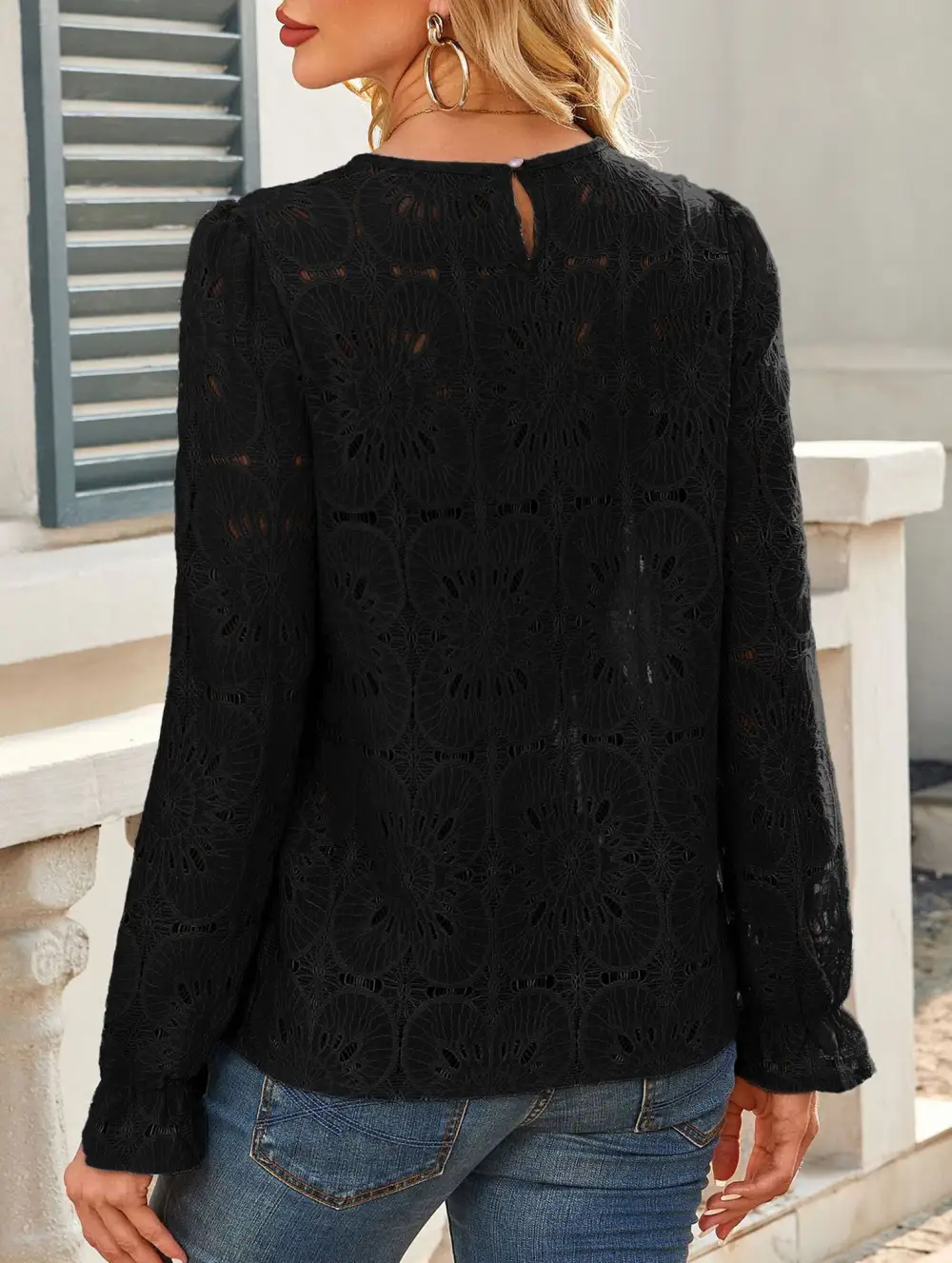 Openwork Lace Long Sleeve Blouse