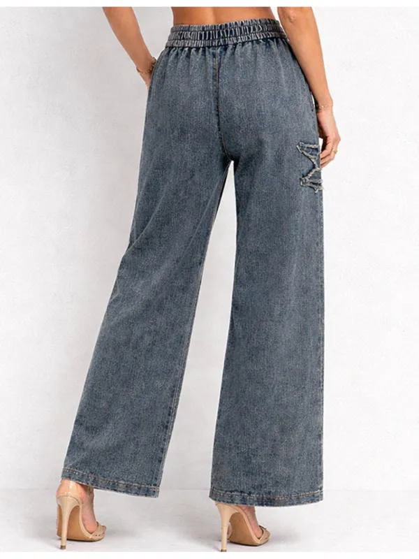 Star Distressed Drawstring Waist Wide Leg Denim Pants