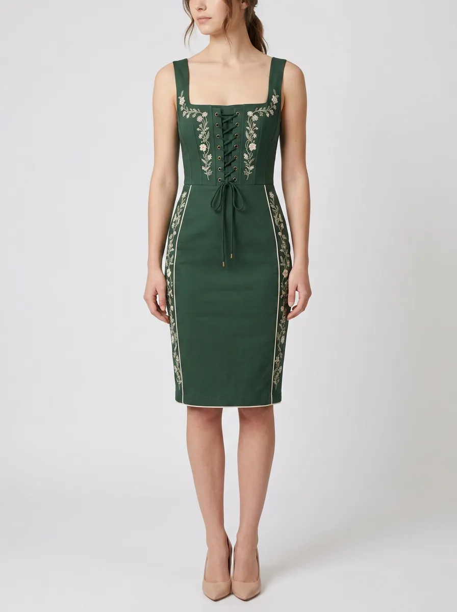 Women's Embroidery Lace-Up Traditional Fitted Dress