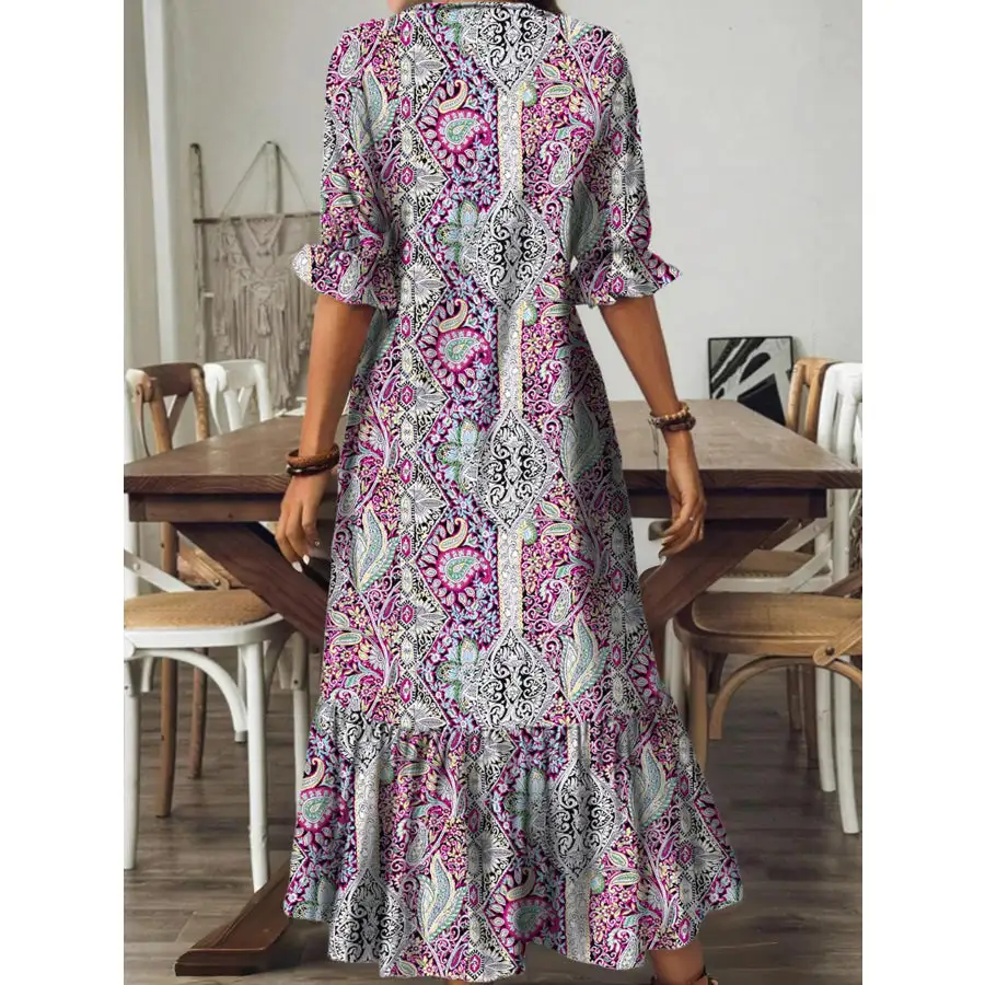 Full Size Bohemian Paisley V-Neck Midi Dress Plus Size