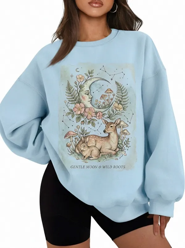 Women's Cottagecore Moon Deer Rabbit Mushroom Printed Sweatshirt