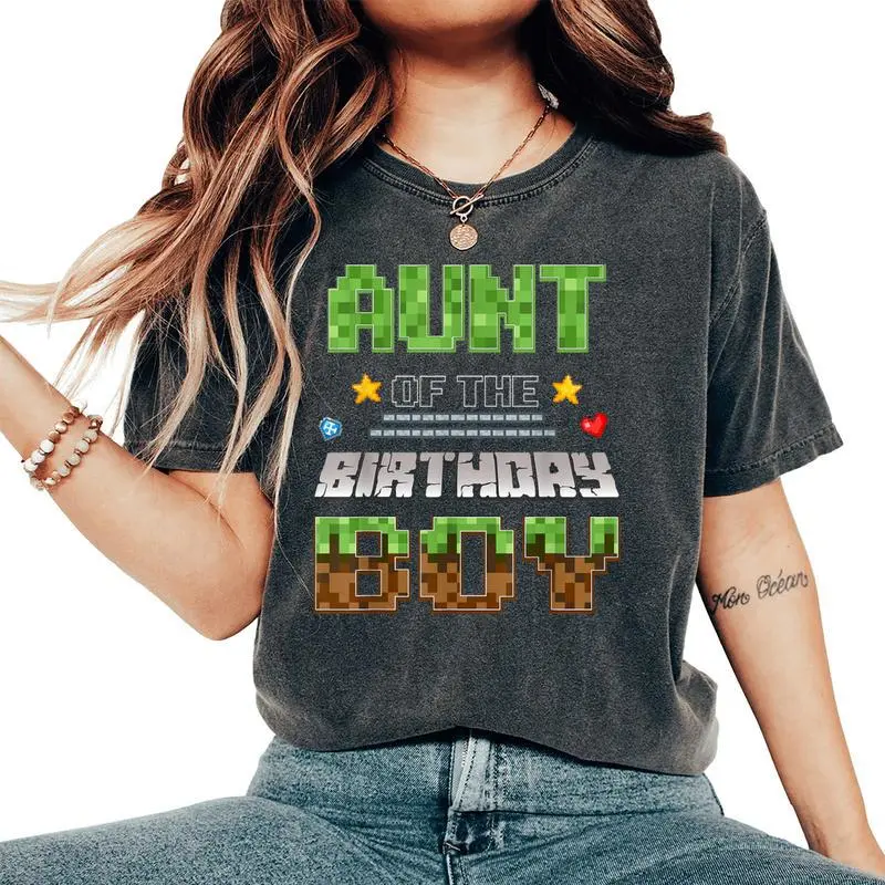 Aunt Of The Birthday Boy Video Gamer Pixel Birthday Party Women's Oversized Comfort T-Shirt