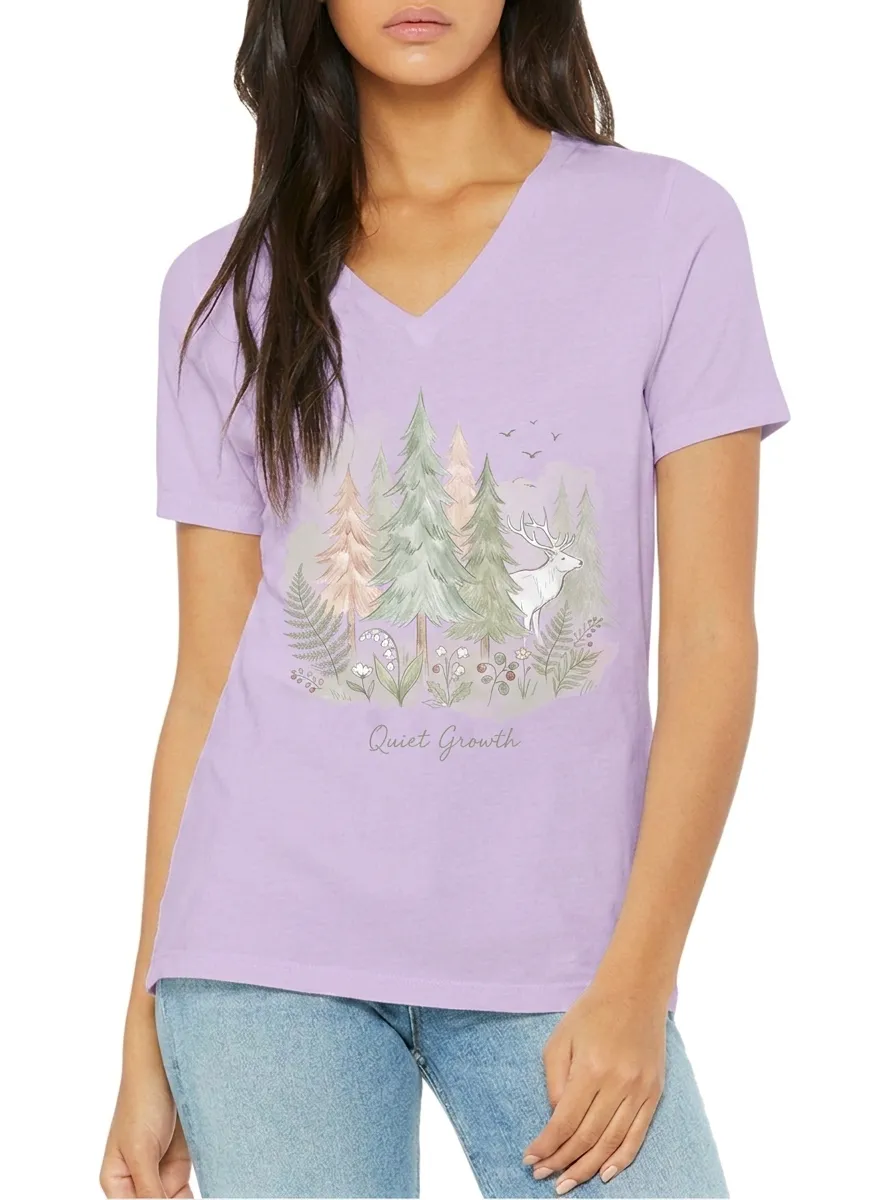 Women's Nature Lover Quiet Growth Deer Forest Printed V-neck T-shirt