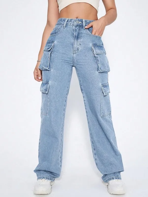 Light Blue Straight Leg High Waist Relaxed Jeans