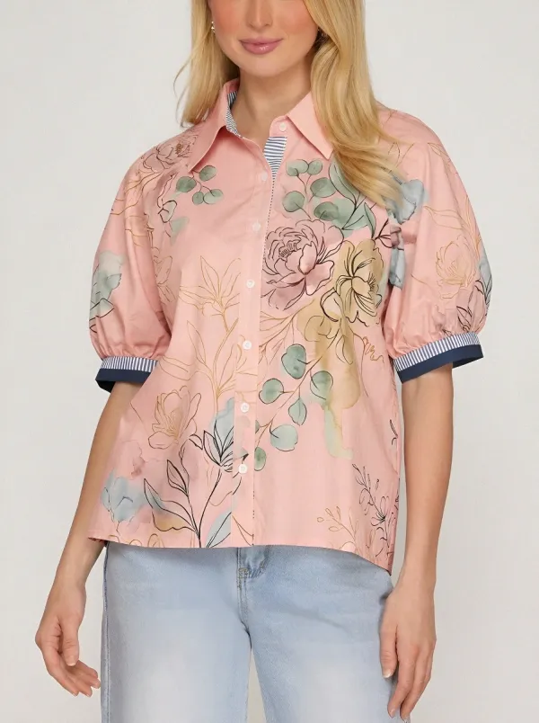 Women's Floral Botanical Watercolor Printed Puff Sleeve Shirt