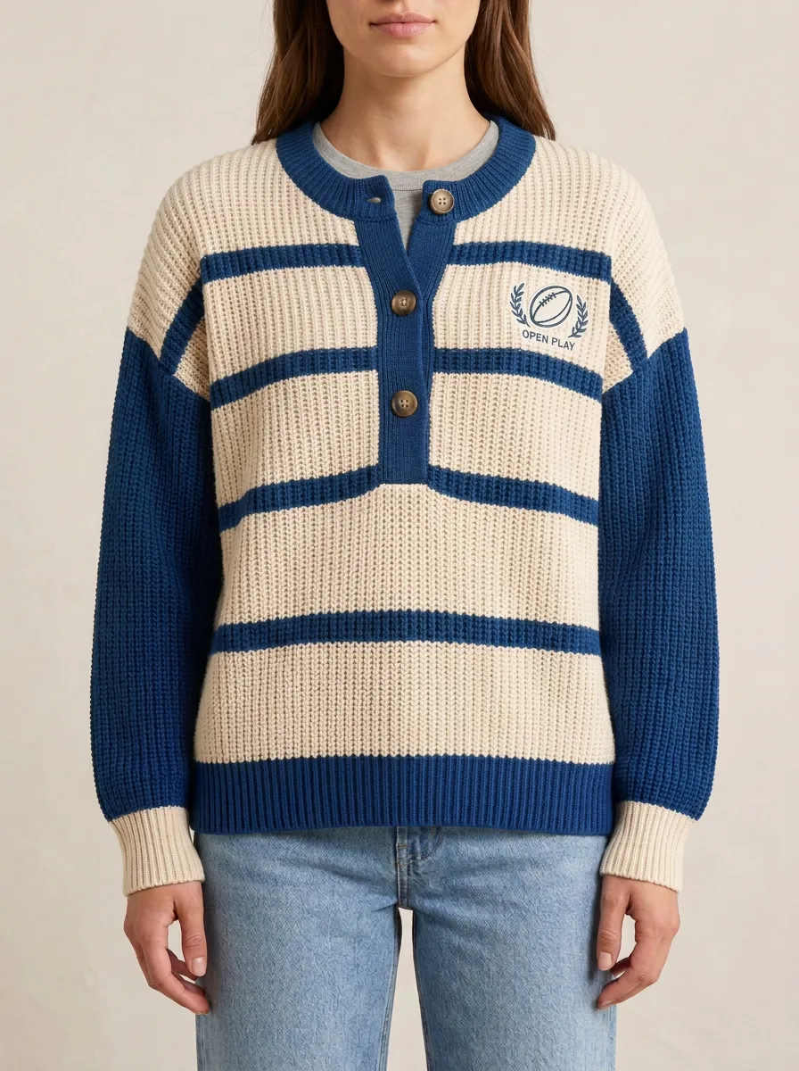 Rugby Open Play Embroidered Striped Knit Cardigan