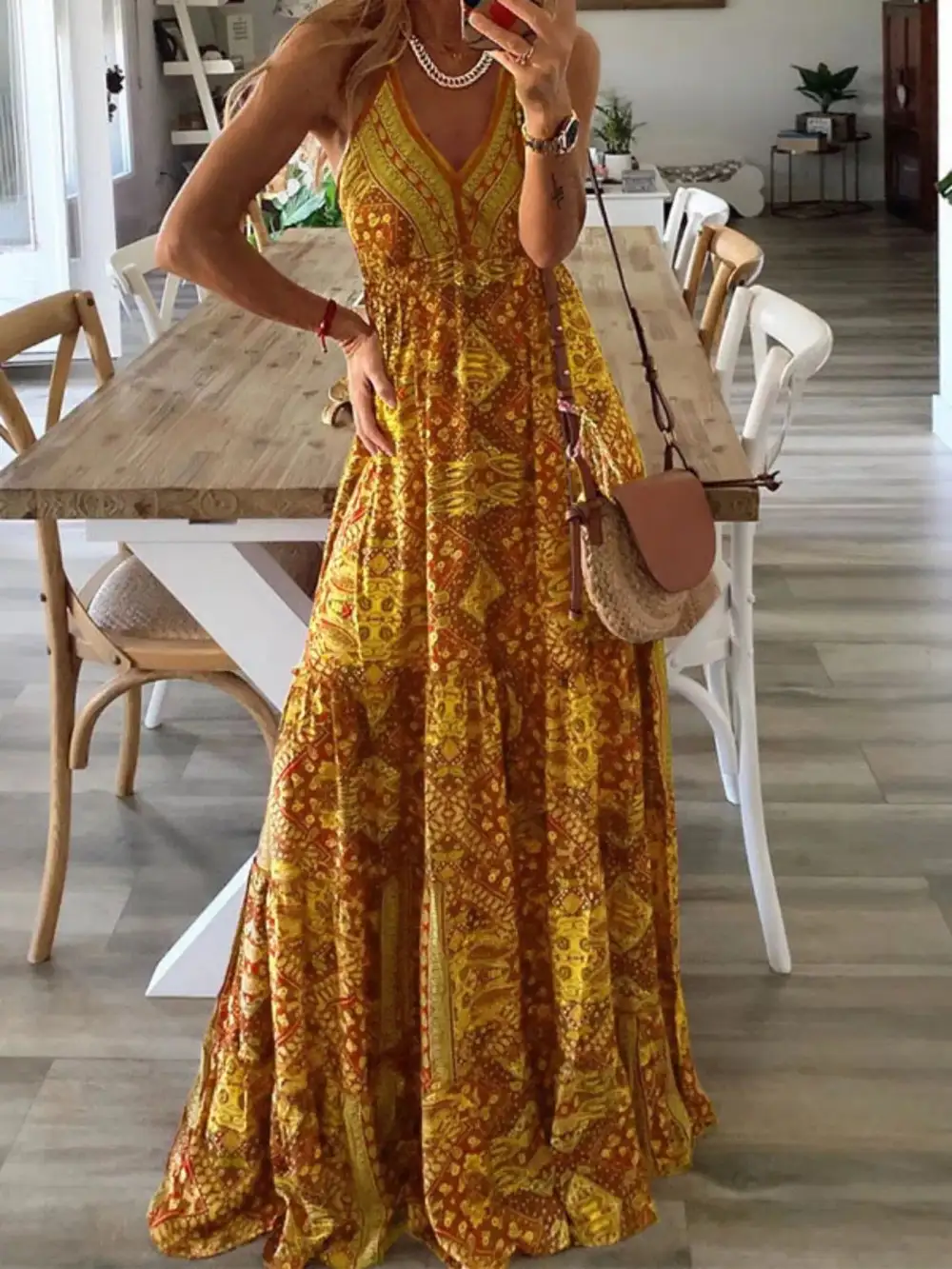 Tiered V-Neck Printed Maxi Dress