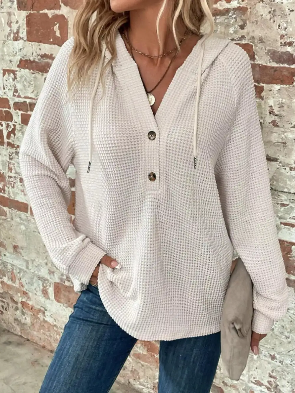 Drawstring Buttoned Pocketed Waffle-Textured Hoodie