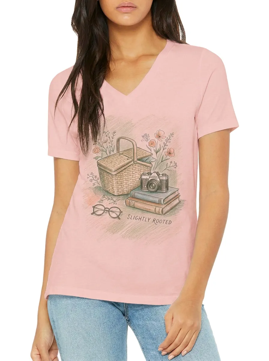 Women's Nature Lover Picnic Camera Books Printed V-Neck T-Shirt
