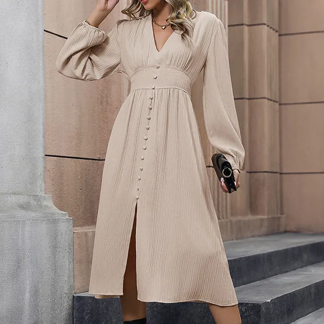 Women's V-Neck Puff-Sleeve Lace Button-Detail Midi Dress