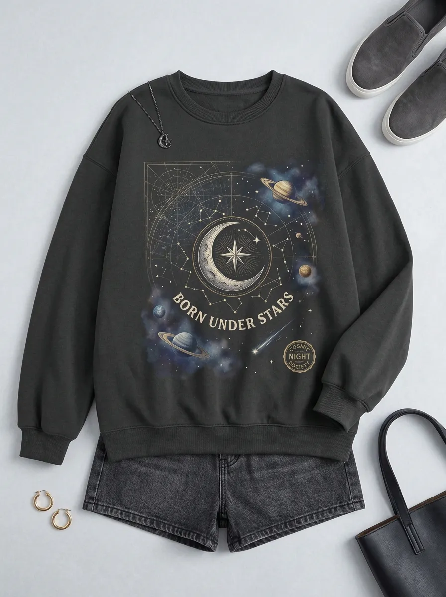 Women's Astrology Lover Born Under Stars Celestial Printed T-shirt