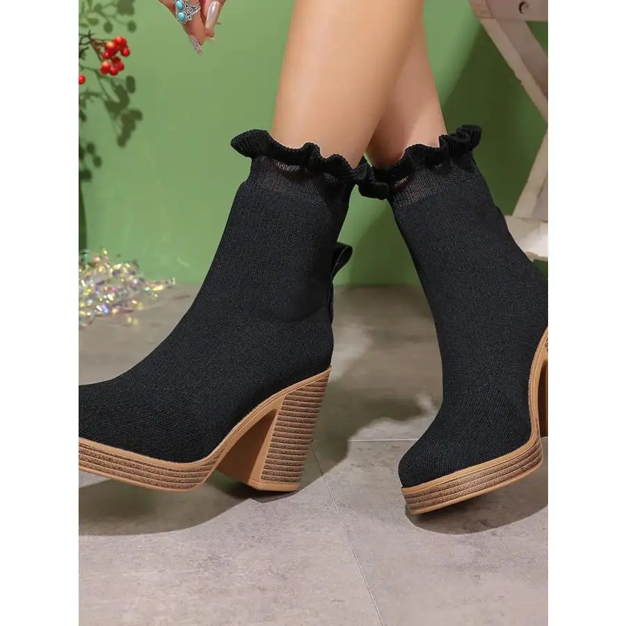 Ruffled Trim Chunky Heel Boots