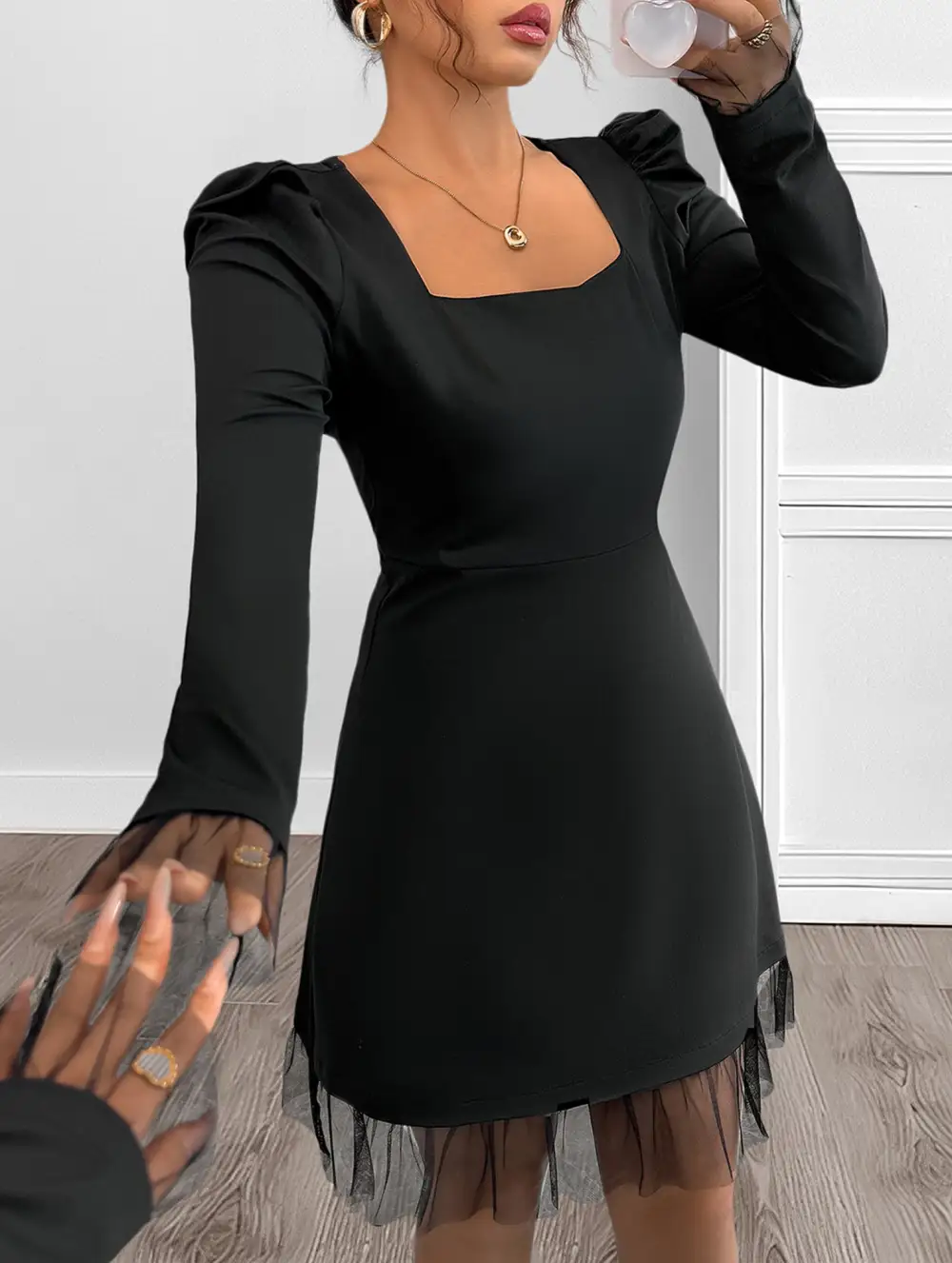 Square Neck Puff Sleeve A Line Mini Dress