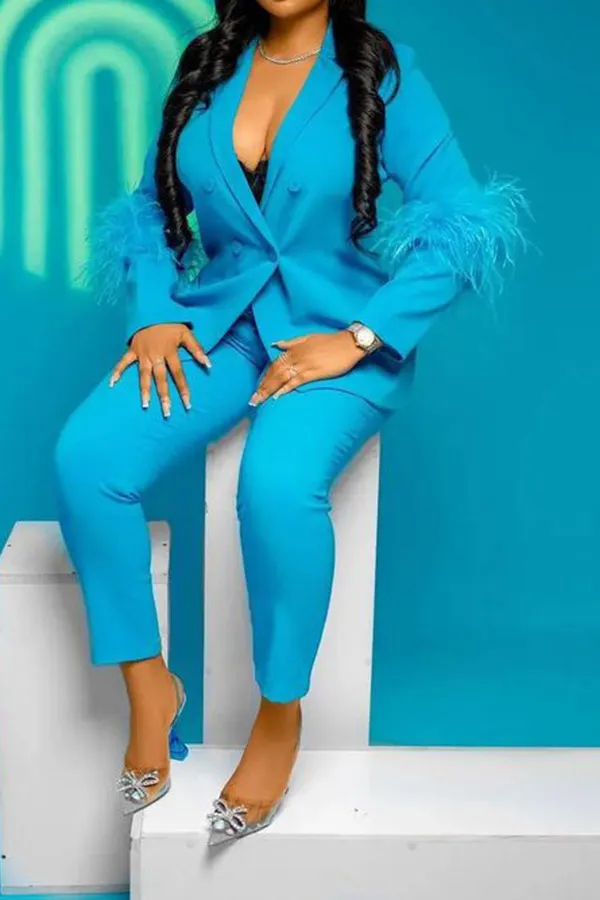 Feather Trim Stylish Pant Suit