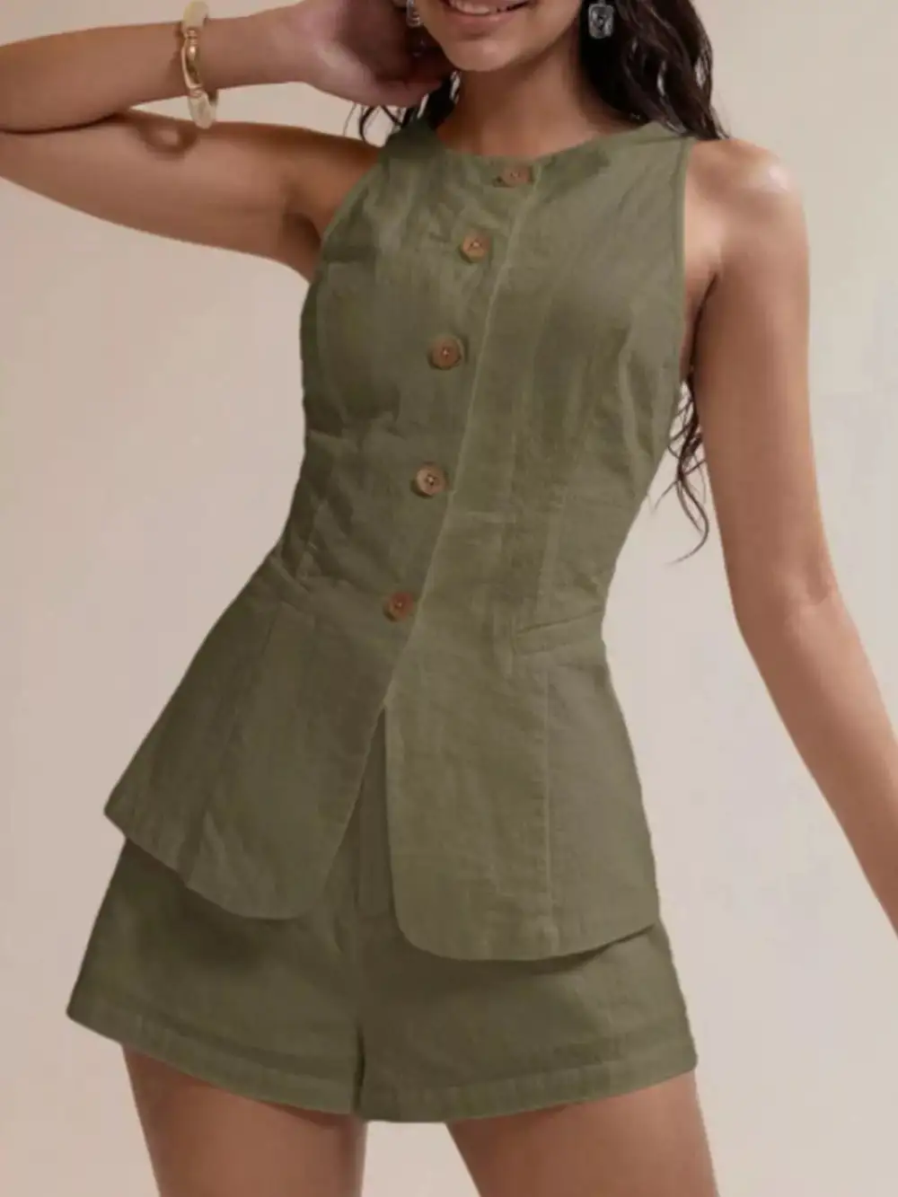 Button Down Sleeveless Top Shorts Set