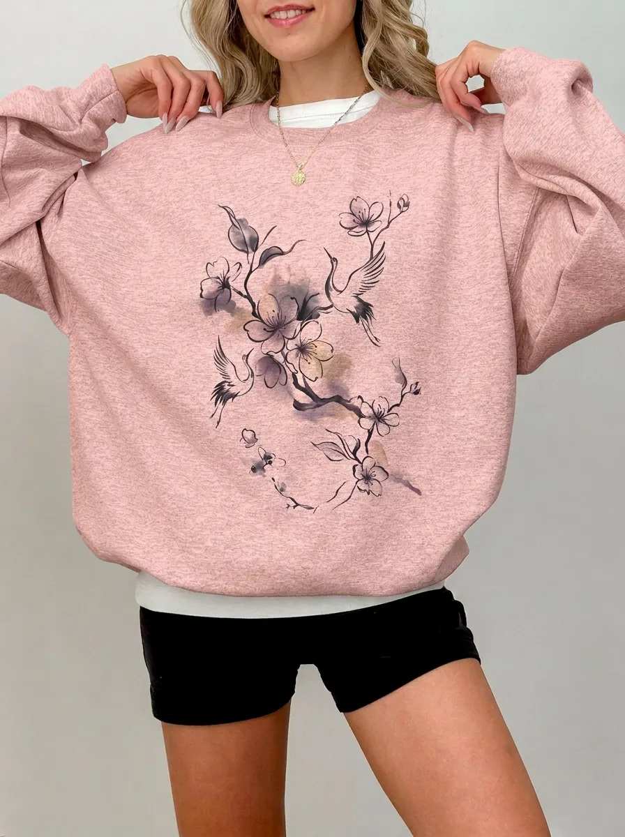 Women's Japanese Aesthetic Crane Cherry Blossom Printed Sweatshirt