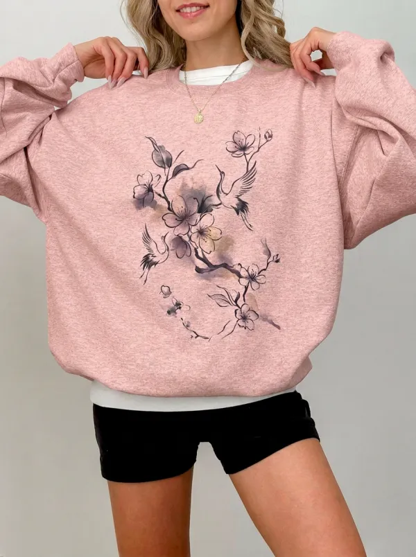 Women's Japanese Aesthetic Crane Cherry Blossom Printed Sweatshirt