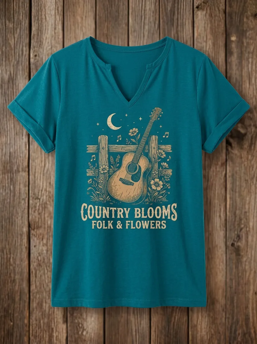 Western Guitar Floral Women's Country Music V-Neck T-Shirt