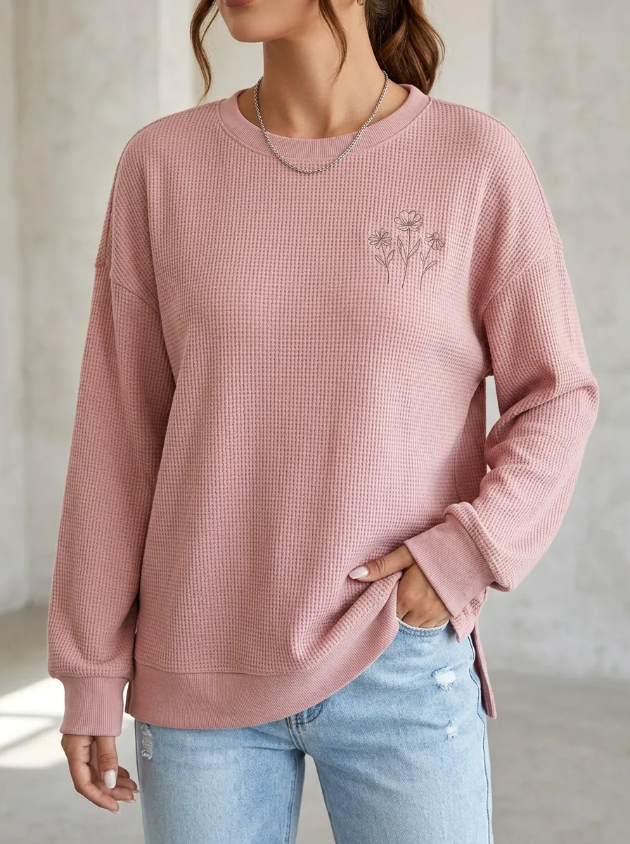 Women's Minimalist Floral Line Art Printed Waffle Knit Sweatshirt