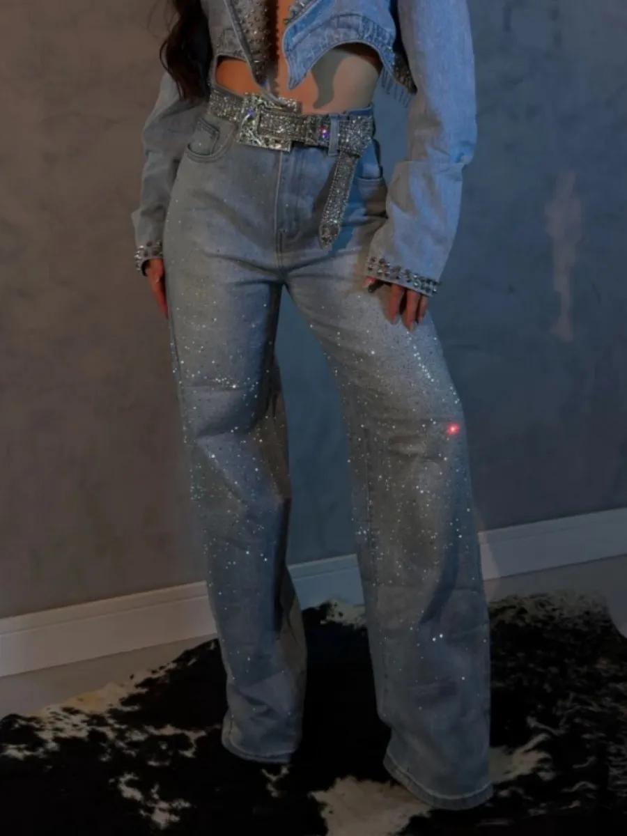 Luna Rhinestone Denim Cropped Blazer & Wide-Leg Pant Set