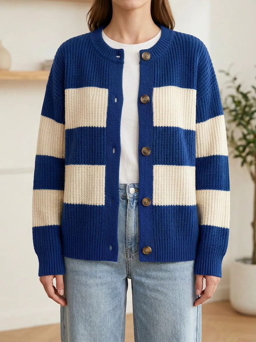 Relaxed Knit Distinctive Rugby Striped Knit Cardigan