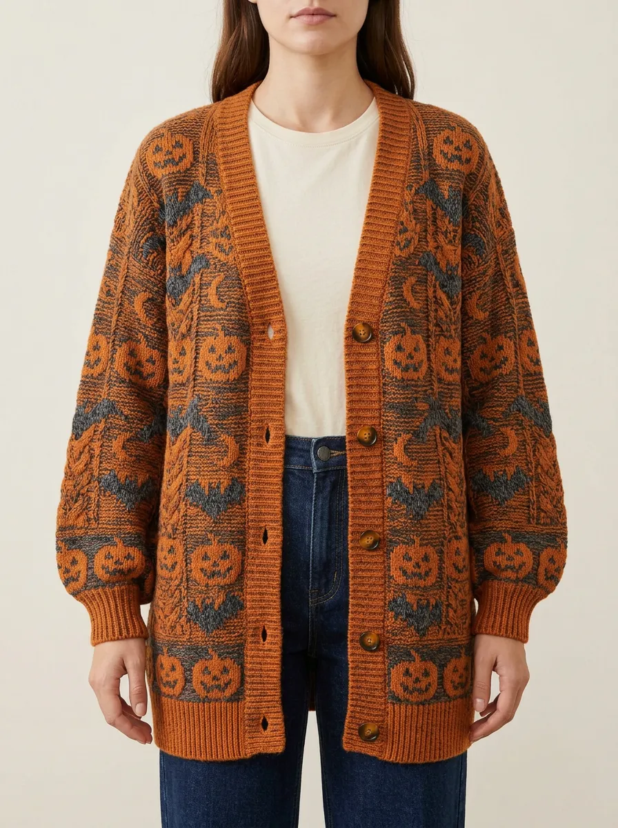 Women's Halloween Pumpkin Bat Pattern Knitted Cardigan