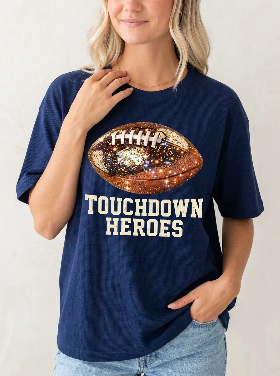 Women's Football Lover Touchdown Heroes Glitter Ball Printed T-shirt