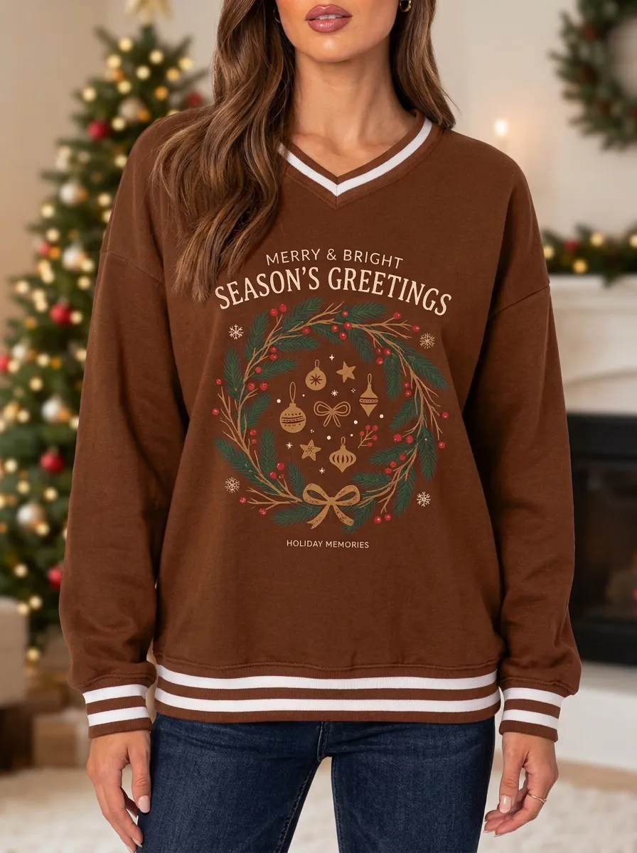 Christmas Season's Greetings Wreath Ornaments Print Sweatshirt