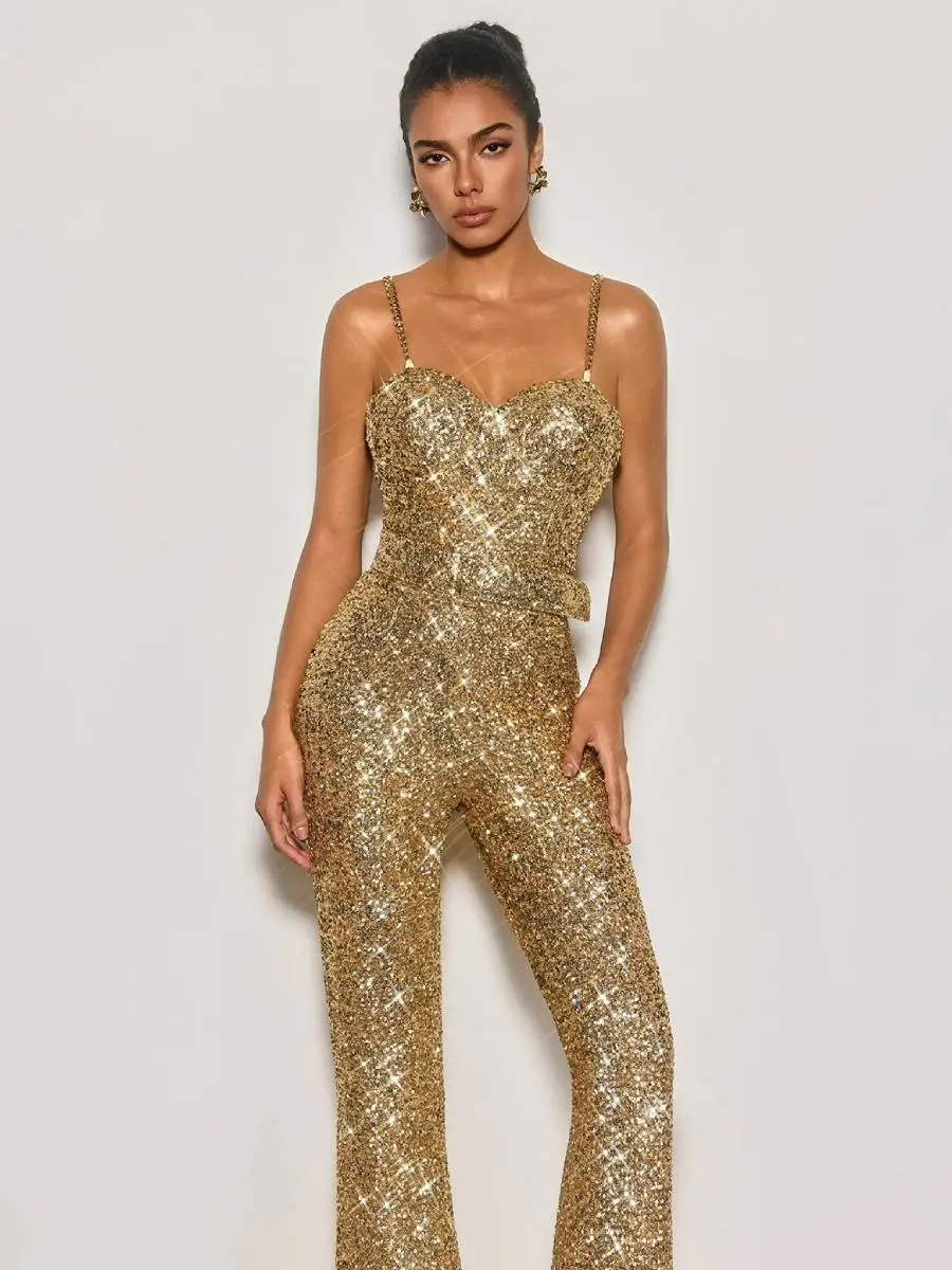 Sarah Spaghetti Sequin Flared Jumpsuit