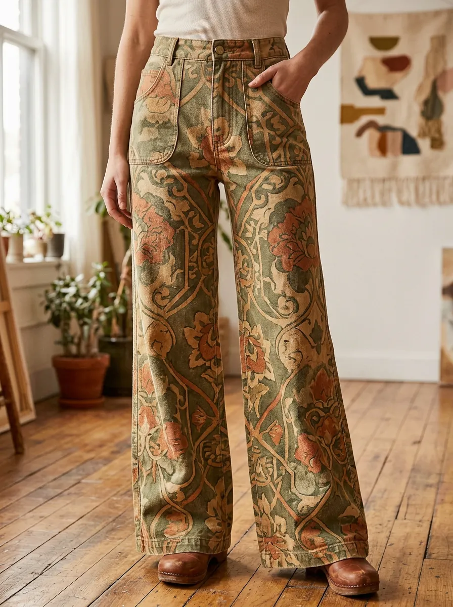 Women's Flowing Vintage Floral Botanical Printed Wide Leg Pants