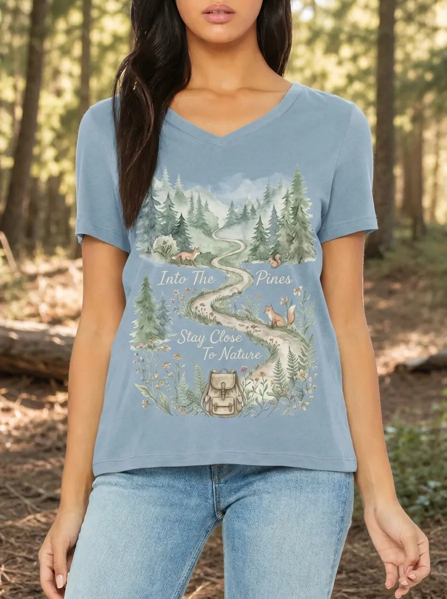 Women's Nature Lover Forest Path Fox Backpack Printed V-Neck T-Shirt