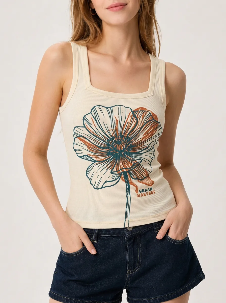 Women's Botanical Floral Urban Harvest Printed Ribbed Tank Top