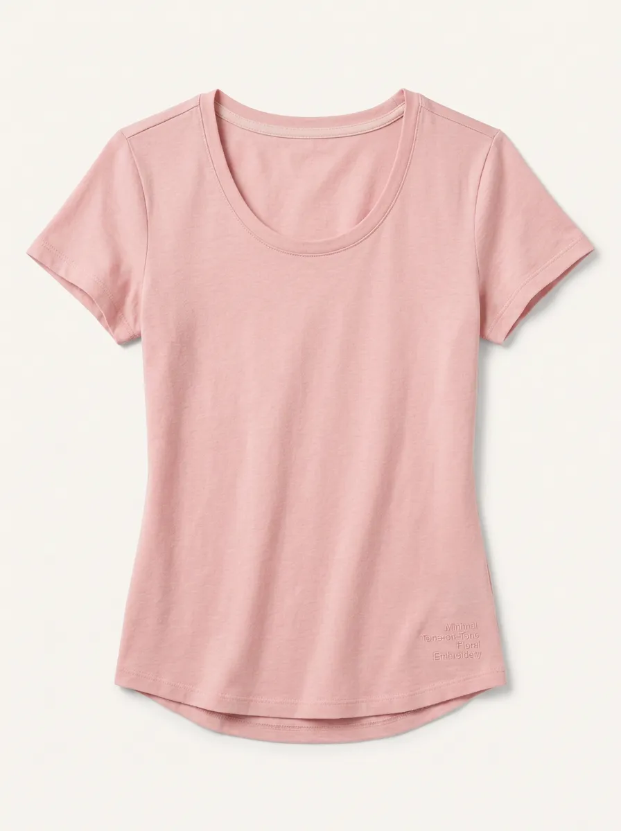 Women's Minimalist Tone-on-Tone Floral Embroidered Pink T-shirt