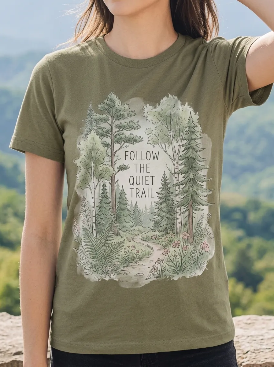 Women's Nature Lover Follow The Quiet Trail Forest Printed T-shirt