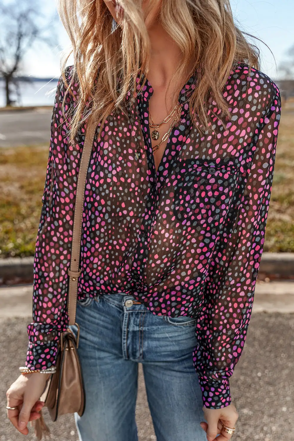 Boho Dot Print Button Front Shirt Blouse