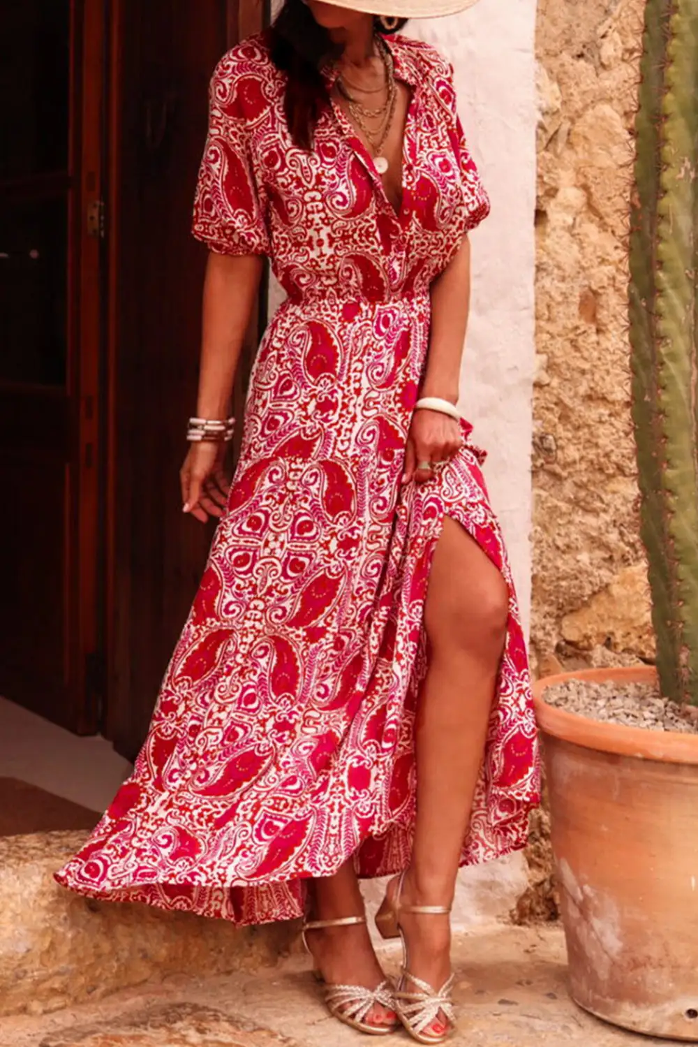 Paisley Print Side Slit Puff Sleeve High Waist Maxi