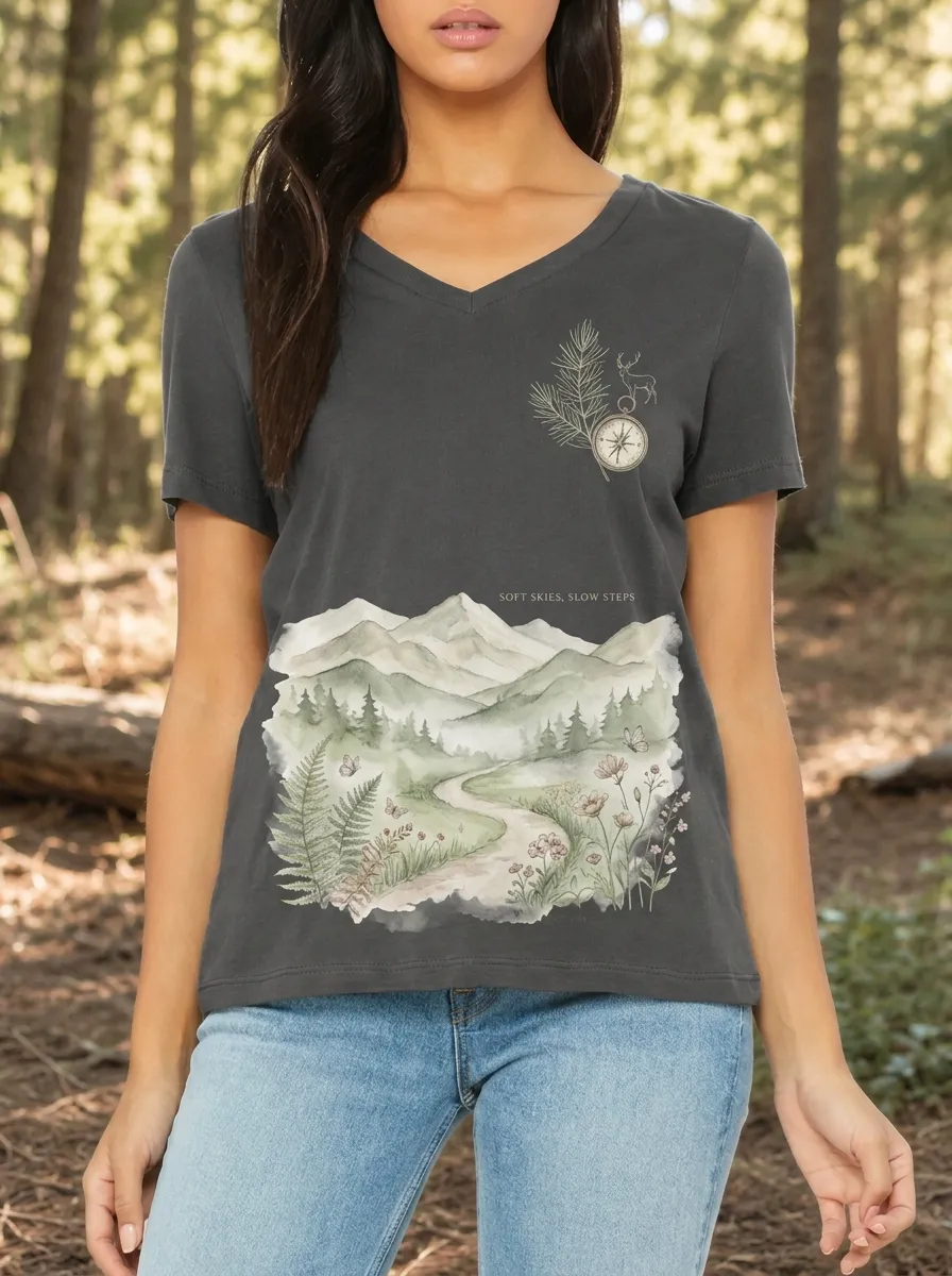 Women's Nature Lover Mountain Forest Compass Printed V-neck T-shirt