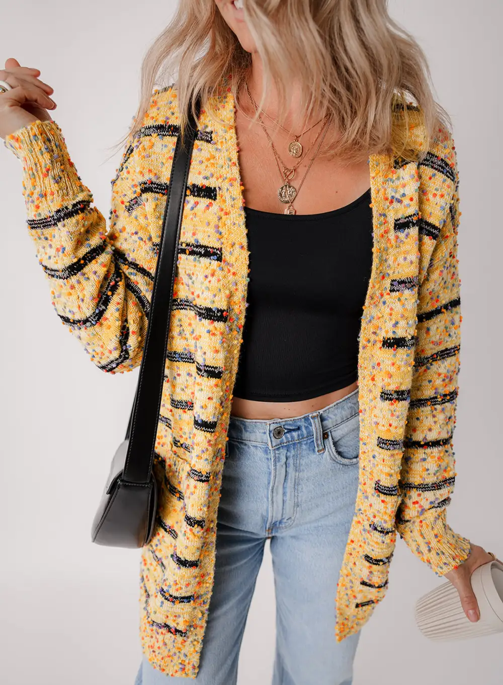 Striped Pom-Pom Knit Open Front Long Cardigan