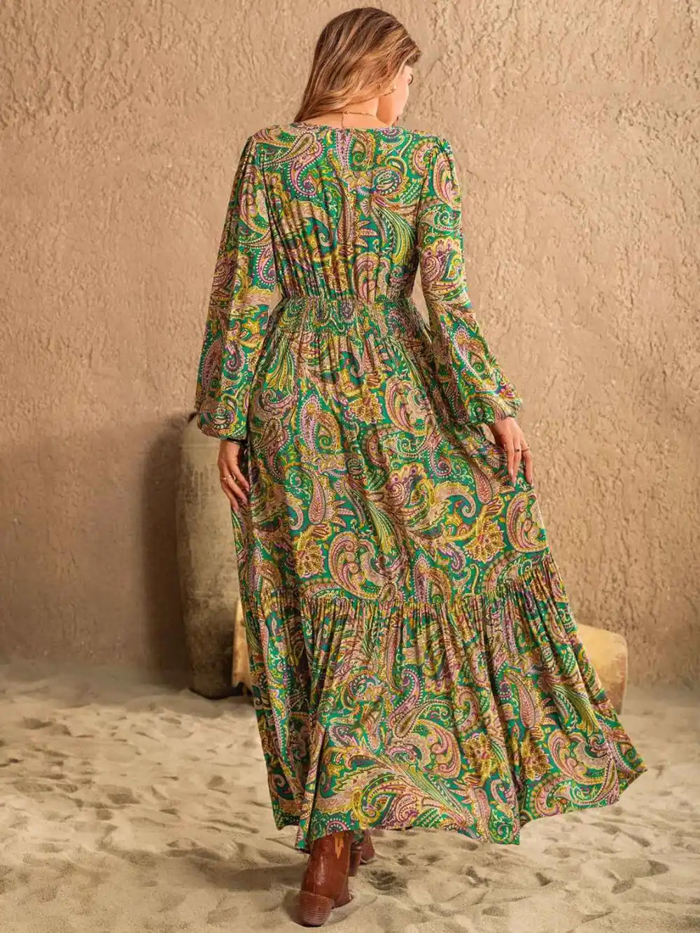 Printed Tie Neck Long Dress
