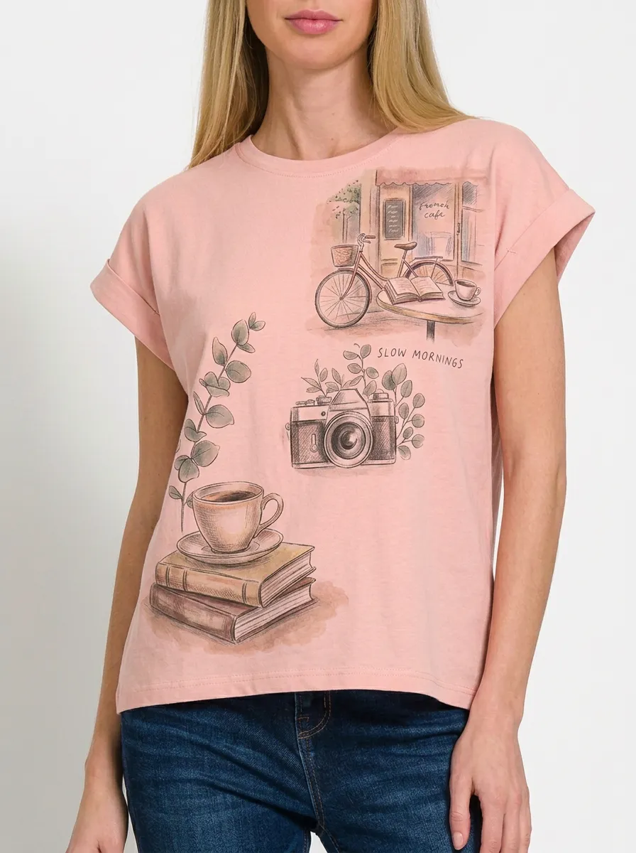 Women's Slow Mornings Coffee Camera Bicycle Printed T-shirt