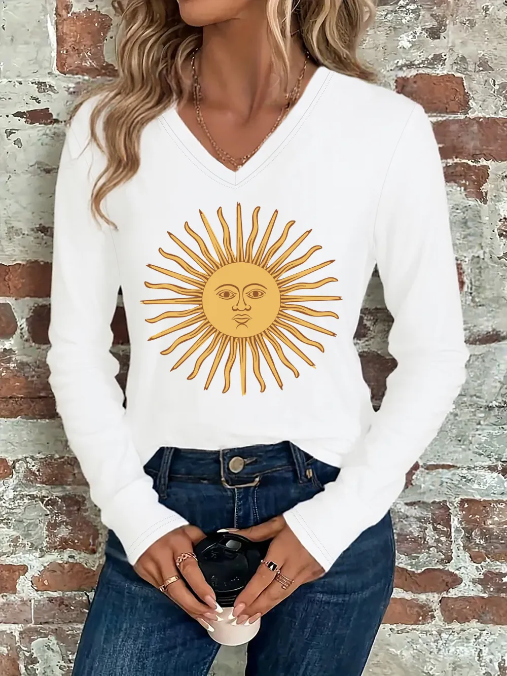 Boho Sun Face V-Neck Tee