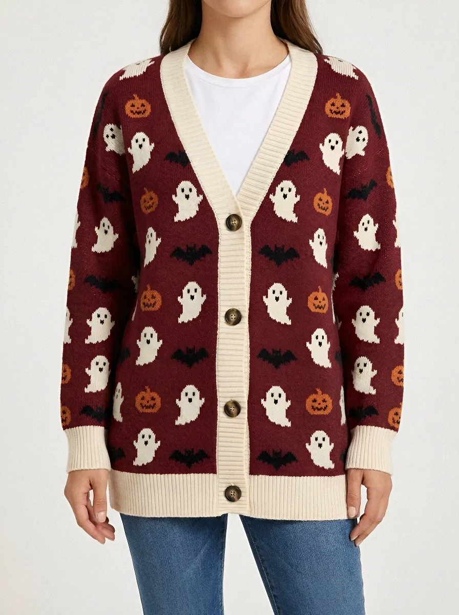 Women's Halloween Ghost Pumpkin Bat Pattern Printed Cardigan