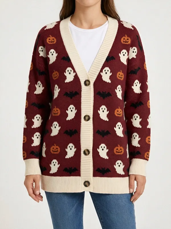 Women's Halloween Ghost Pumpkin Bat Pattern Printed Cardigan