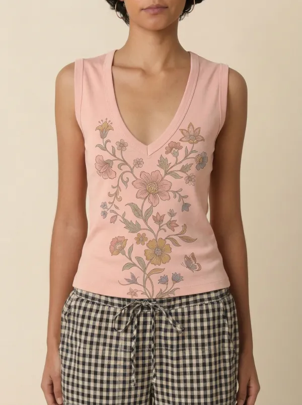 Women's Boho Floral Botanical Printed V-Neck Tank Top