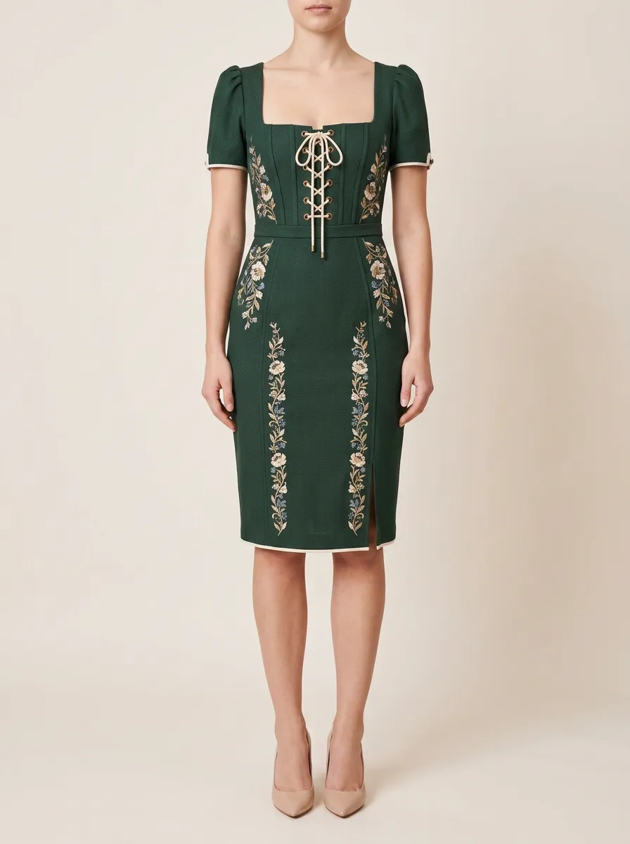 Women's Lace-Up Embroidered Dirndl-Inspired Dress